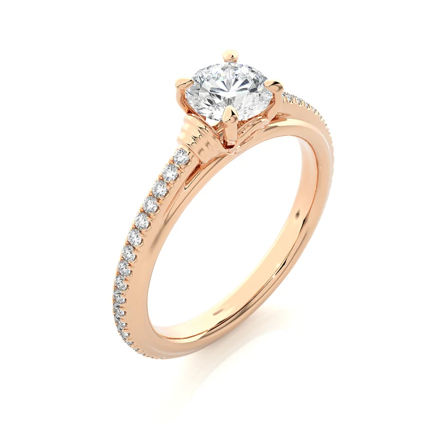 Round Brilliant Diamond Solitaire Engagement Ring with Pavé Band in Yellow Gold