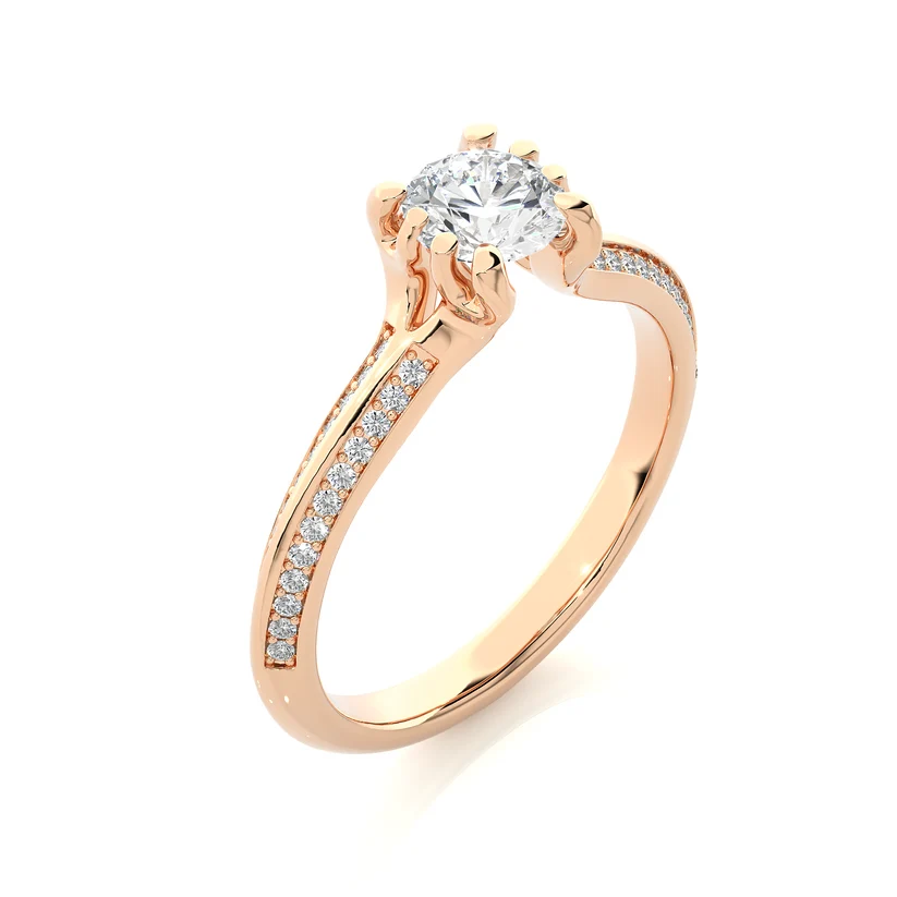 Round Solitaire Diamond Split Shank Gold Engagement Ring with Pavé Diamond Band