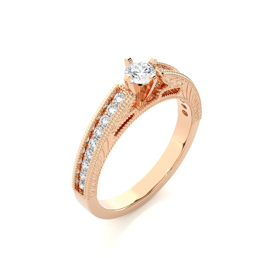 Vintage Round Solitaire Diamond Ring with Milgrain Diamond Band in 10K/14K/18K Yellow Gold