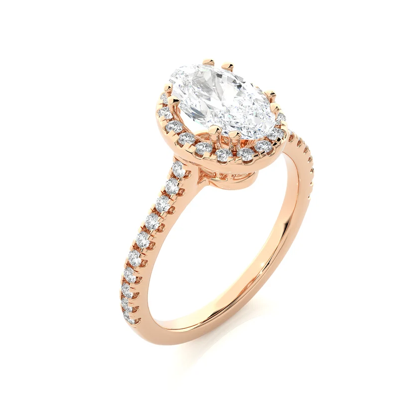 Oval Cut Halo Diamond Engagement Ring | Solid Yellow Gold | Pavé Diamond Band | Classic Halo Setting