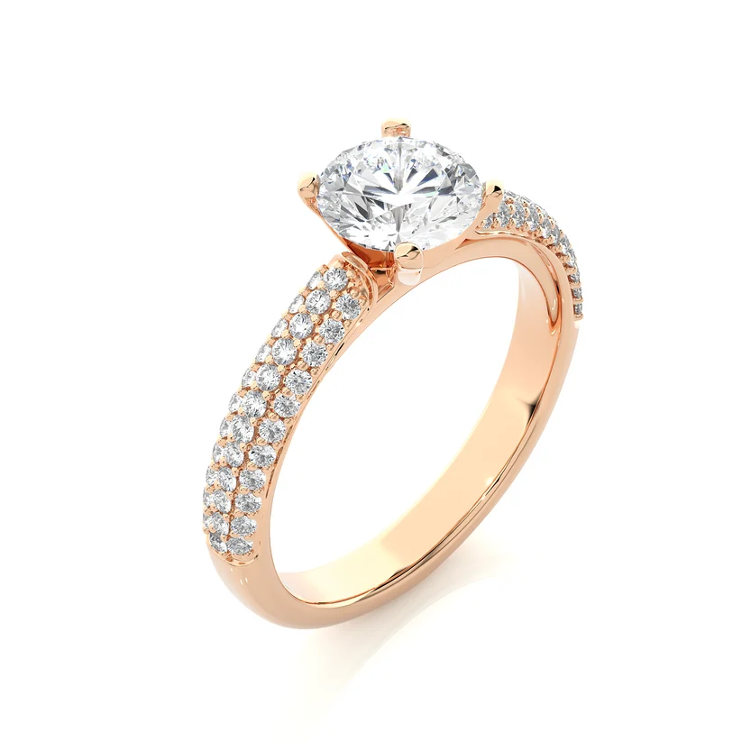 Round Brilliant Diamond Pavé Engagement Ring in Solid Yellow Gold | Triple Row Diamond Band | Classic Solitaire Ring