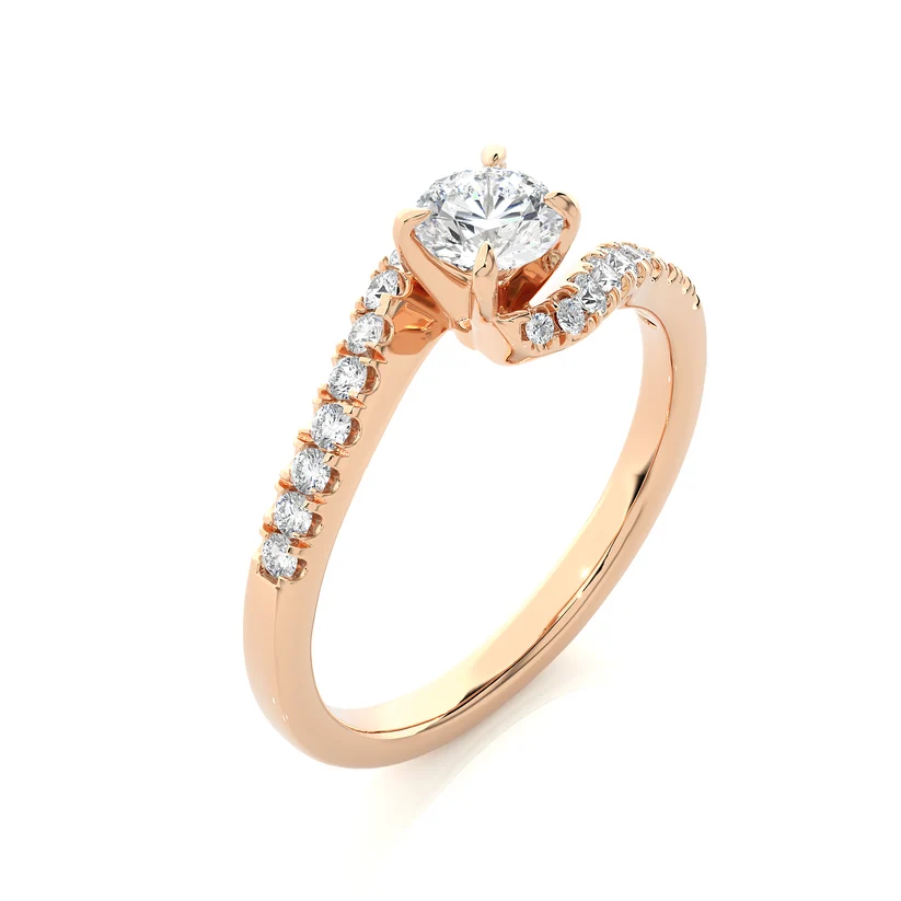 Twisted Round Brilliant Diamond Solitaire Engagement Ring | Solid Yellow Gold | Pavé Diamond Crossover Band | Four-Prong Setting | Gift for Her