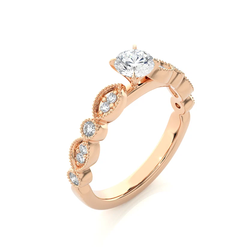 Vintage Milgrain Round Diamond Floral Engagement Ring in Solid Gold