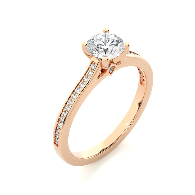 Round Solitaire Diamond Pavé Engagement Ring in Yellow Gold
