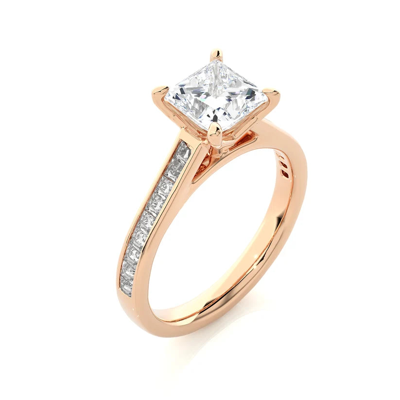Princess Cut Diamond Gold Engagement Ring with Channel-Set Band