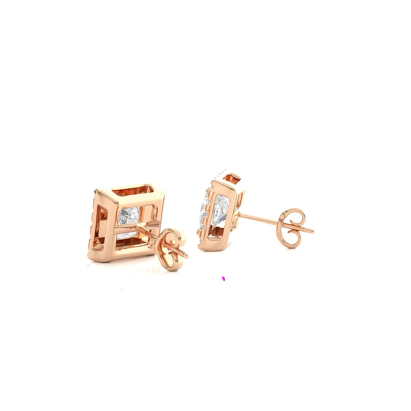Classic Princess-Cut Diamond Halo Stud Earrings in Gold