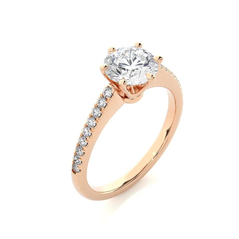 Classic Round Solitaire Diamond Gold Engagement Ring with Pavé Diamond Band