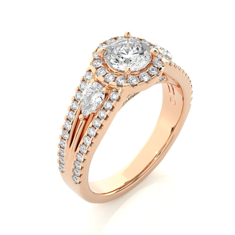 Round Halo Diamond Pear Side Stone Split Shank Engagement Ring in Solid Yellow Gold