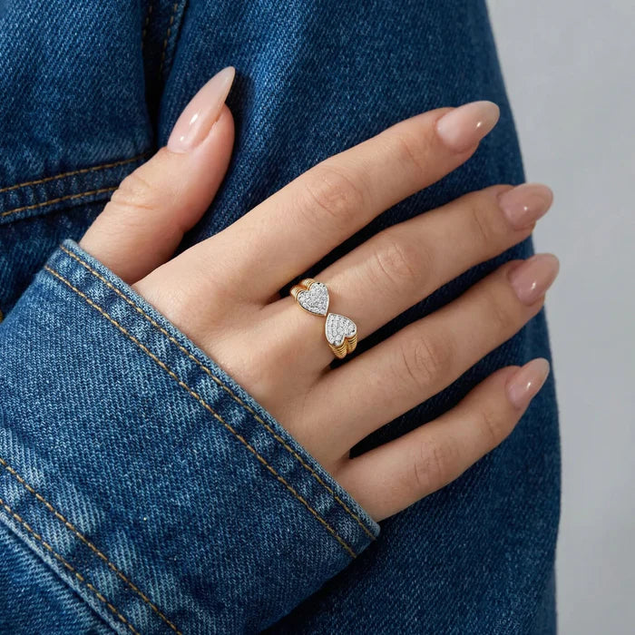 Double Heart Diamond Bypass Ring in 9KT Two-Tone Gold