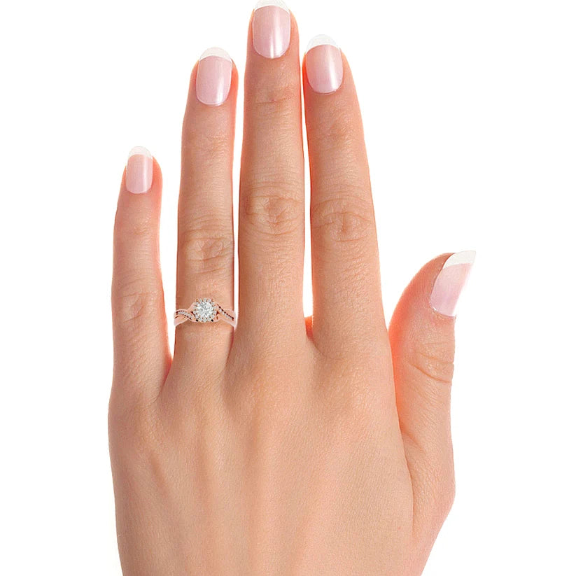 Round Halo Diamond Twist Engagement Ring | Solid Yellow Gold | Pavé Infinity Band | Classic Halo Setting