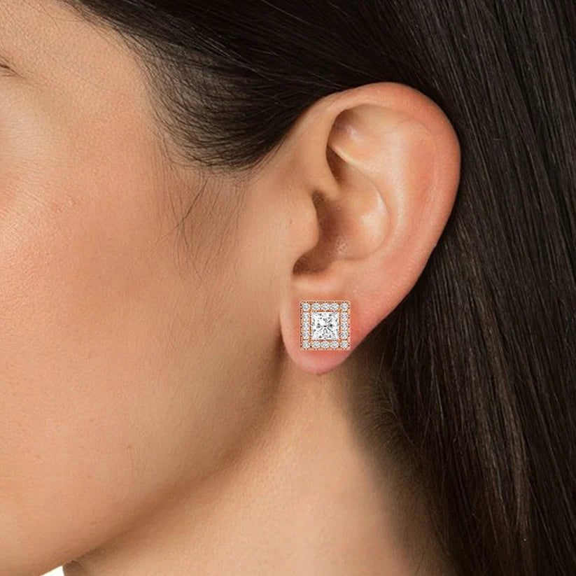 Classic Princess-Cut Diamond Halo Stud Earrings in Gold