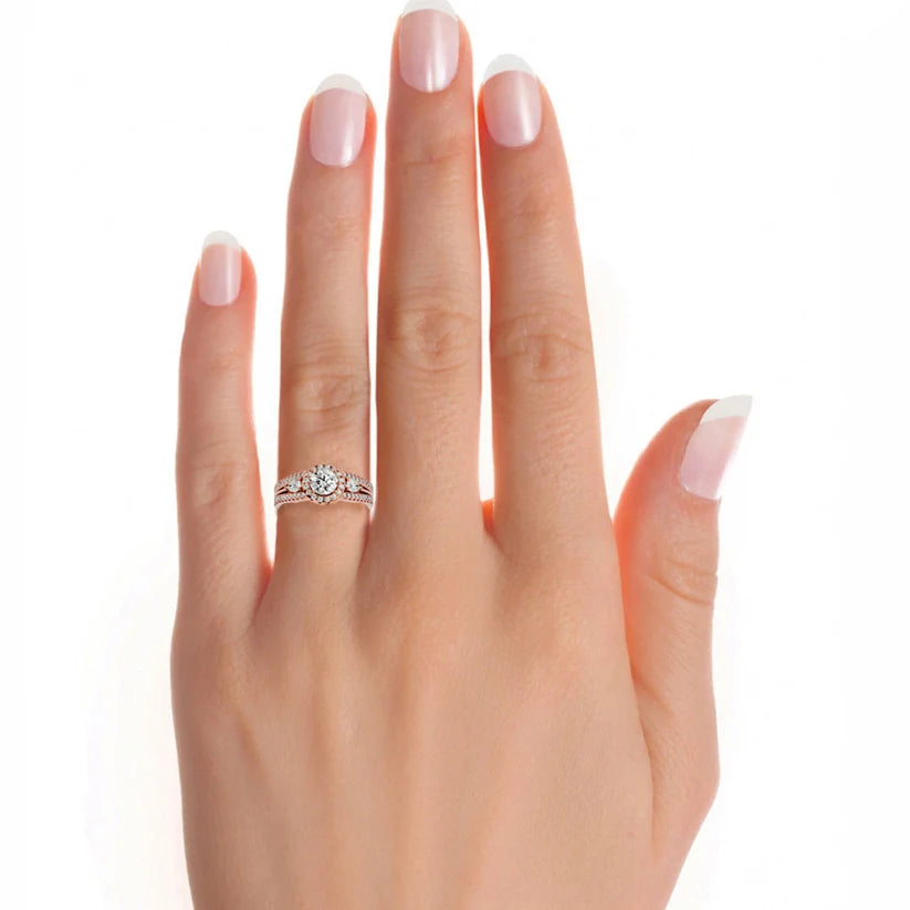 Round Halo Diamond Pear Side Stone Split Shank Engagement Ring in Solid Yellow Gold