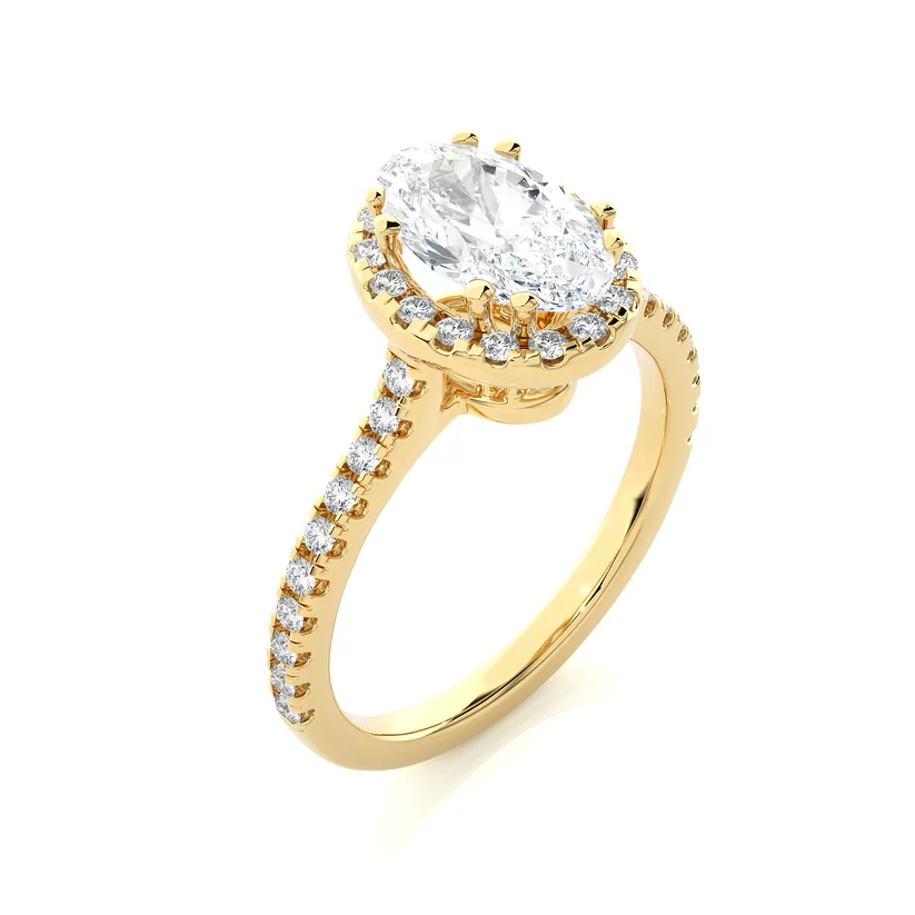 Oval Cut Halo Diamond Engagement Ring | Solid Yellow Gold | Pavé Diamond Band | Classic Halo Setting