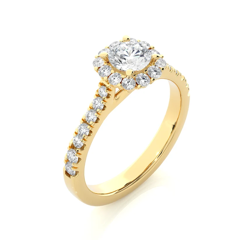 Round Halo Diamond Engagement Ring | Solid Yellow Gold | Pavé Diamond Band | Classic Halo Setting |