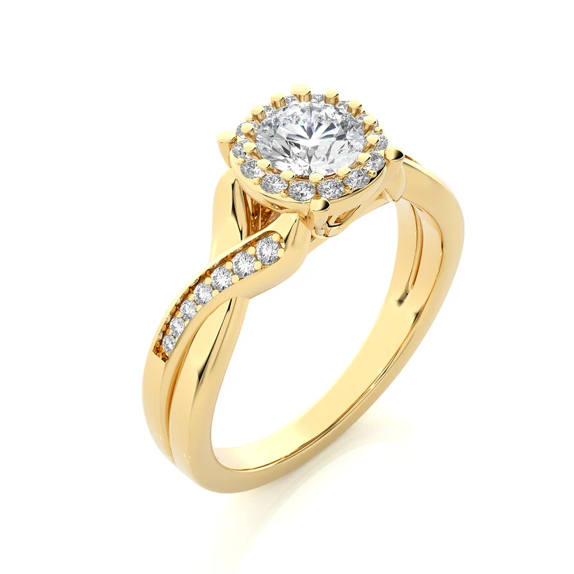 Round Halo Diamond Twist Engagement Ring | Solid Yellow Gold | Pavé Infinity Band | Classic Halo Setting