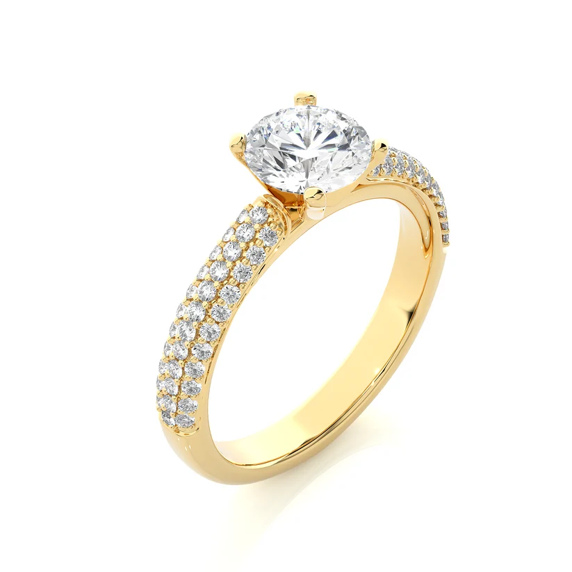 Round Brilliant Diamond Pavé Engagement Ring in Solid Yellow Gold | Triple Row Diamond Band | Classic Solitaire Ring