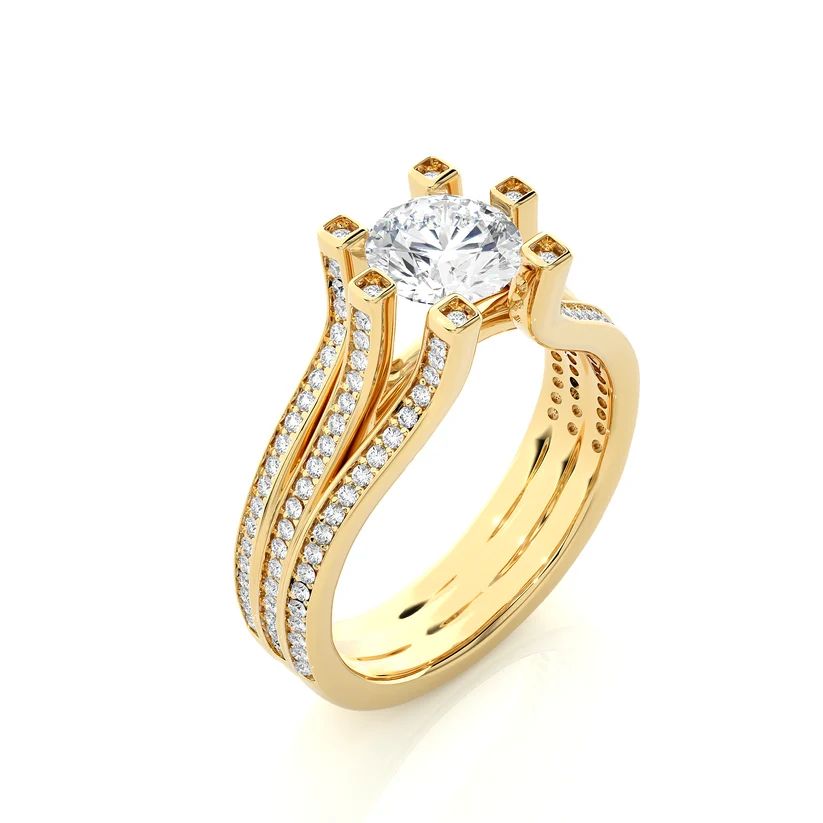 Round Brilliant Diamond Split Shank Bridal Ring Set in Solid Yellow Gold | Pavé Diamond Multi-Band Engagement Ring | Luxury Wedding Ring for Her