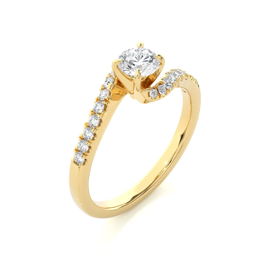 Twisted Round Brilliant Diamond Solitaire Engagement Ring | Solid Yellow Gold | Pavé Diamond Crossover Band | Four-Prong Setting | Gift for Her