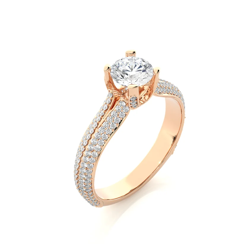 Round Brilliant Diamond Split Shank Pave Engagement Ring in Solid Gold