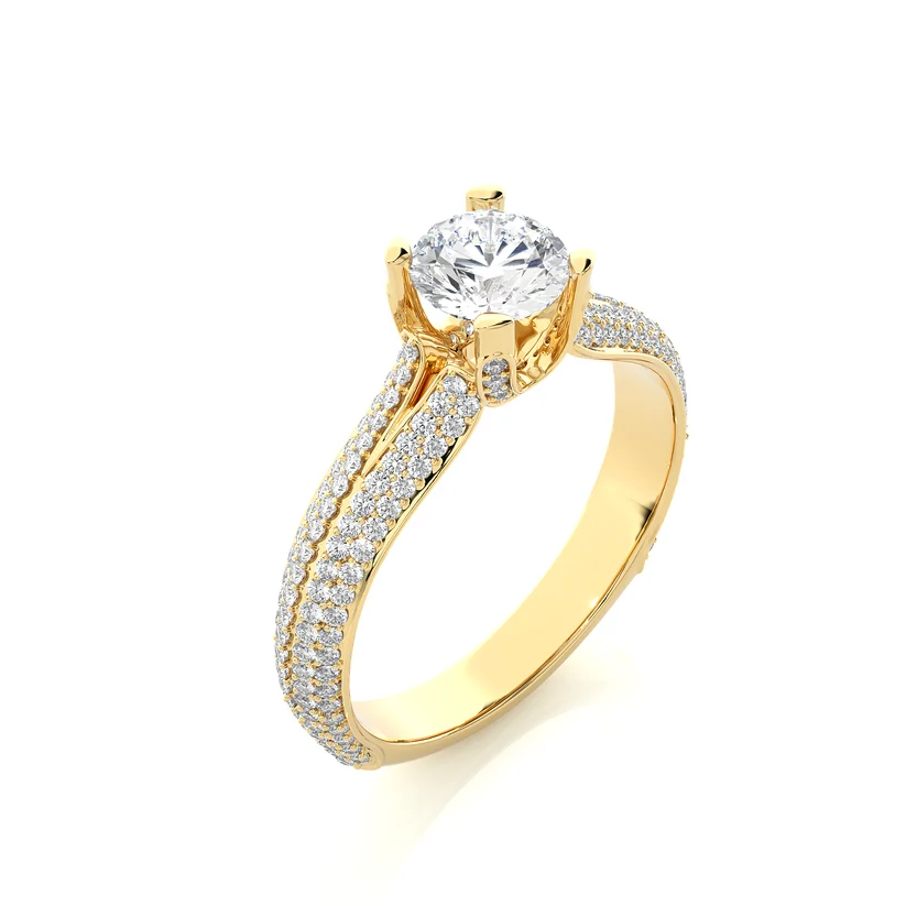 Round Brilliant Diamond Split Shank Pave Engagement Ring in Solid Gold