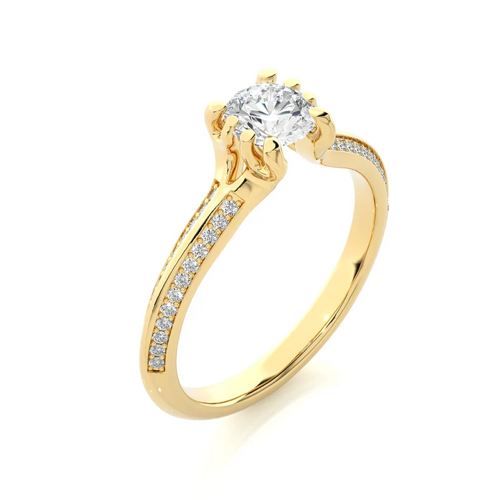 Round Solitaire Diamond Split Shank Gold Engagement Ring with Pavé Diamond Band