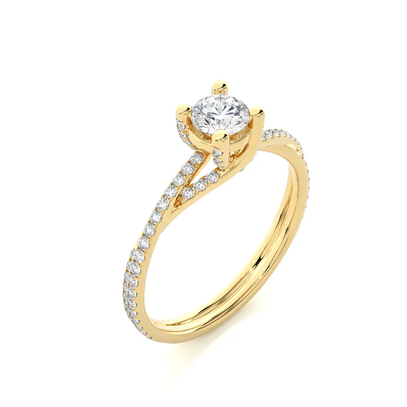 Twisted Round Solitaire Diamond Gold Engagement Ring with Pavé Diamond Band