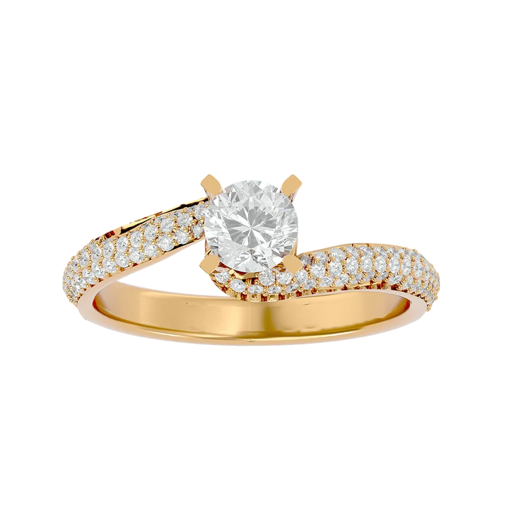 Round Brilliant Solitaire Diamond Twist Gold Ring with Pavé Band