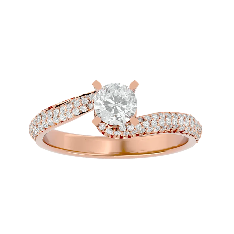 Round Brilliant Solitaire Diamond Twist Gold Ring with Pavé Band