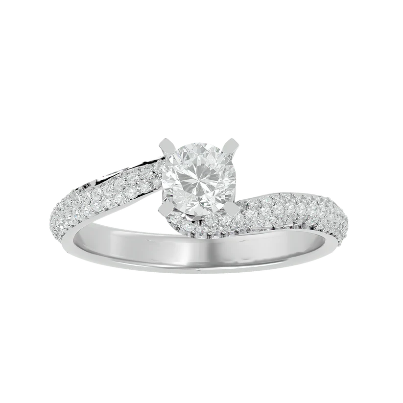 Round Brilliant Solitaire Diamond Twist Gold Ring with Pavé Band