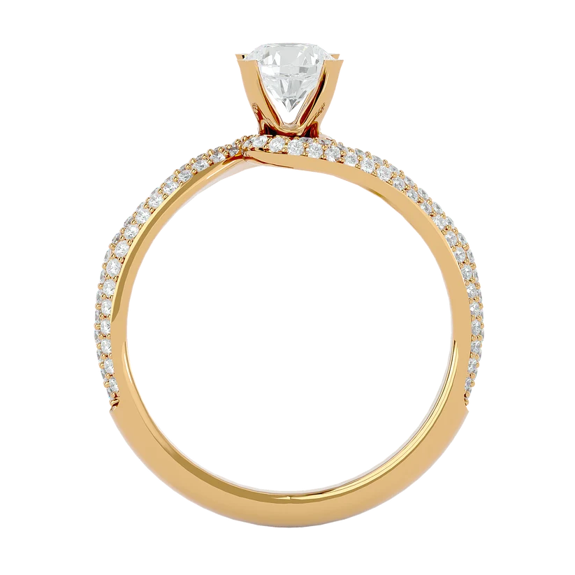 Round Brilliant Solitaire Diamond Twist Gold Ring with Pavé Band