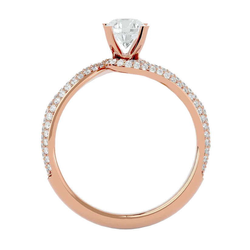 Round Brilliant Solitaire Diamond Twist Gold Ring with Pavé Band