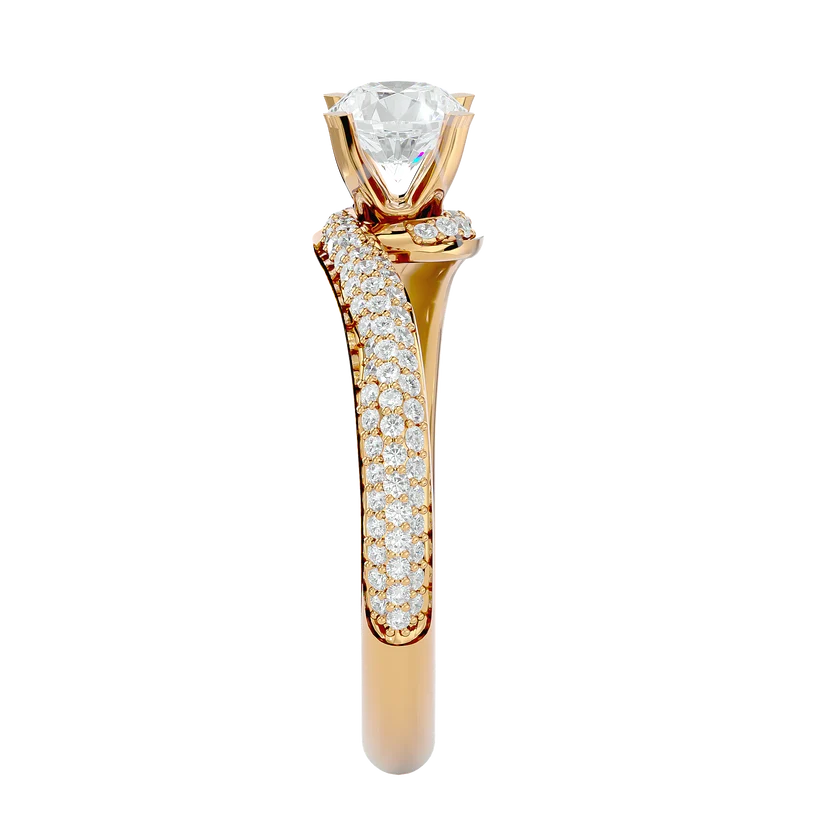Round Brilliant Solitaire Diamond Twist Gold Ring with Pavé Band