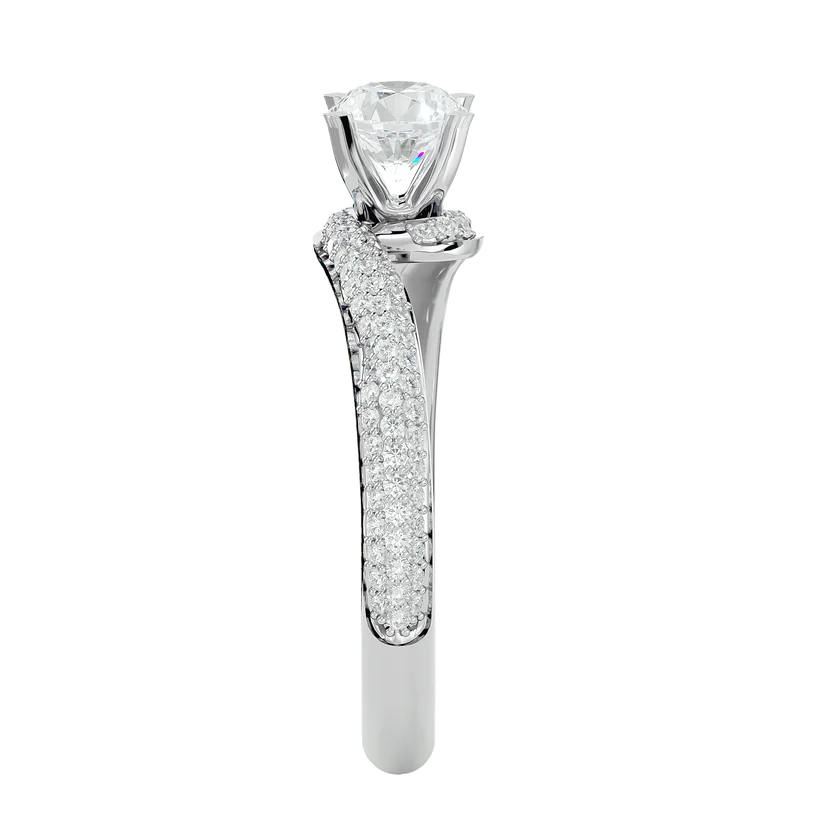 Round Brilliant Solitaire Diamond Twist Gold Ring with Pavé Band