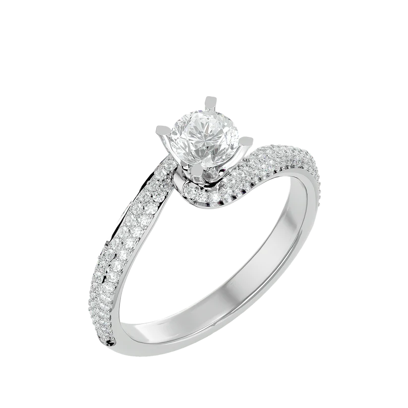 Round Brilliant Solitaire Diamond Twist Gold Ring with Pavé Band