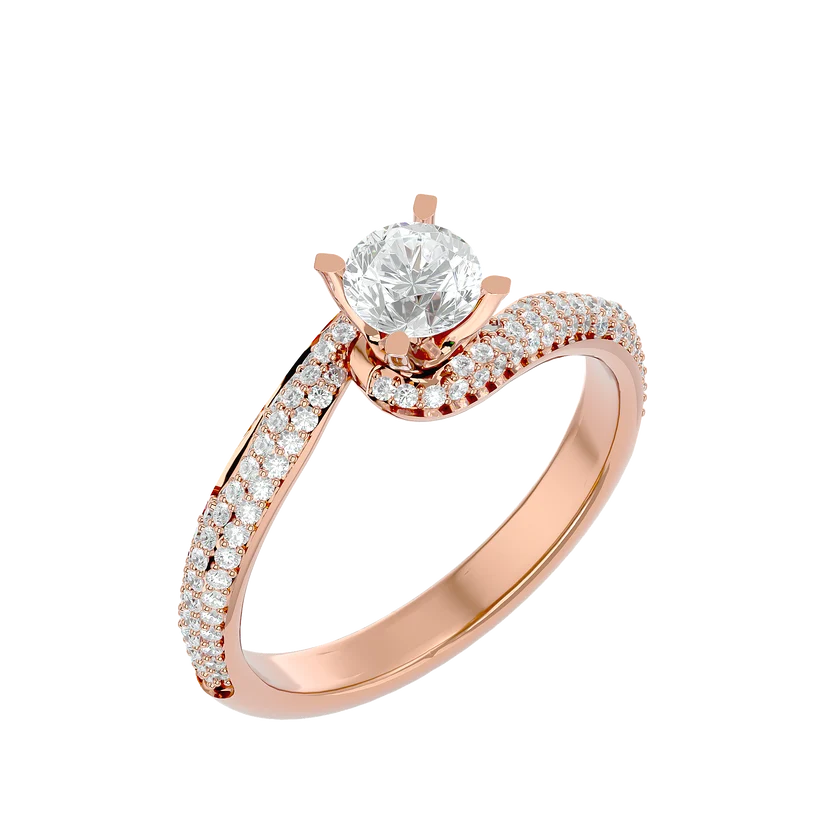 Round Brilliant Solitaire Diamond Twist Gold Ring with Pavé Band