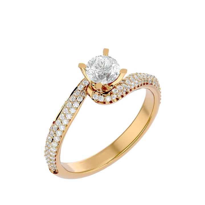Round Brilliant Solitaire Diamond Twist Gold Ring with Pavé Band