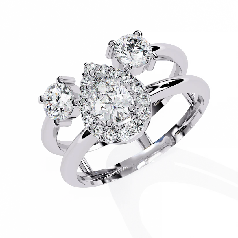 Luxury Pear Halo Diamond Three-Stone Gold Ring – Split Double Band Statement Engagement Ring