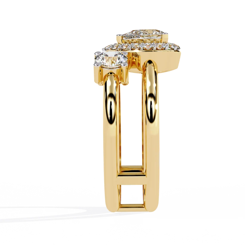 Luxury Pear Halo Diamond Three-Stone Gold Ring – Split Double Band Statement Engagement Ring