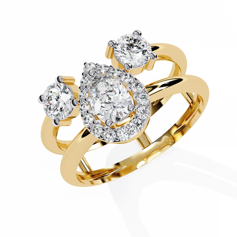 Luxury Pear Halo Diamond Three-Stone Gold Ring – Split Double Band Statement Engagement Ring