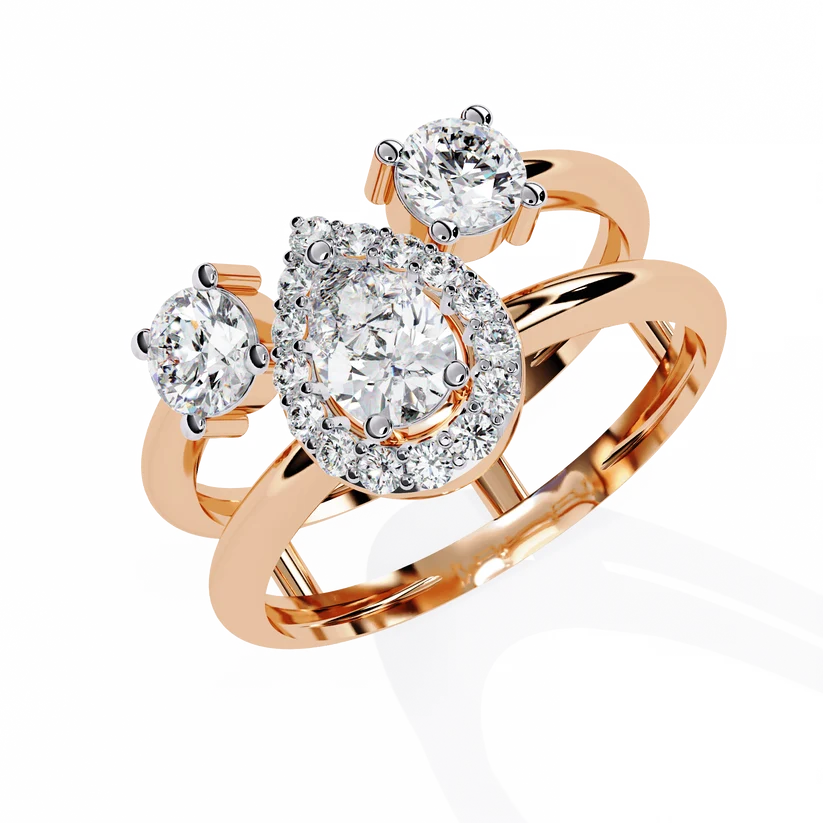 Luxury Pear Halo Diamond Three-Stone Gold Ring – Split Double Band Statement Engagement Ring
