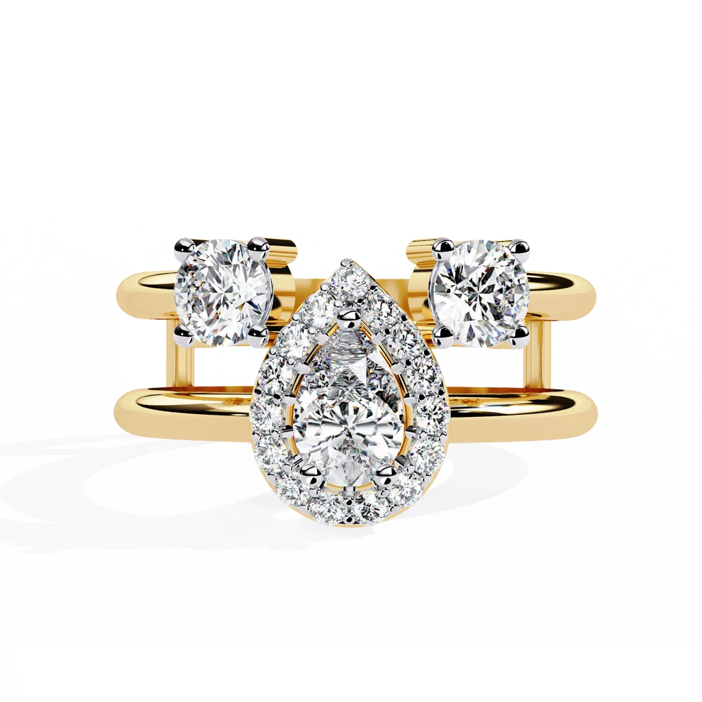 Luxury Pear Halo Diamond Three-Stone Gold Ring – Split Double Band Statement Engagement Ring