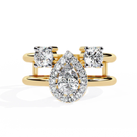 Luxury Pear Halo Diamond Three-Stone Gold Ring – Split Double Band Statement Engagement Ring