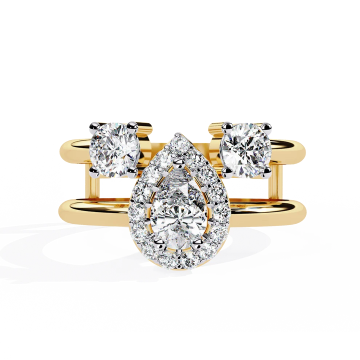 Luxury Pear Halo Diamond Three-Stone Gold Ring – Split Double Band Statement Engagement Ring