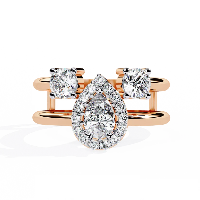 Luxury Pear Halo Diamond Three-Stone Gold Ring – Split Double Band Statement Engagement Ring