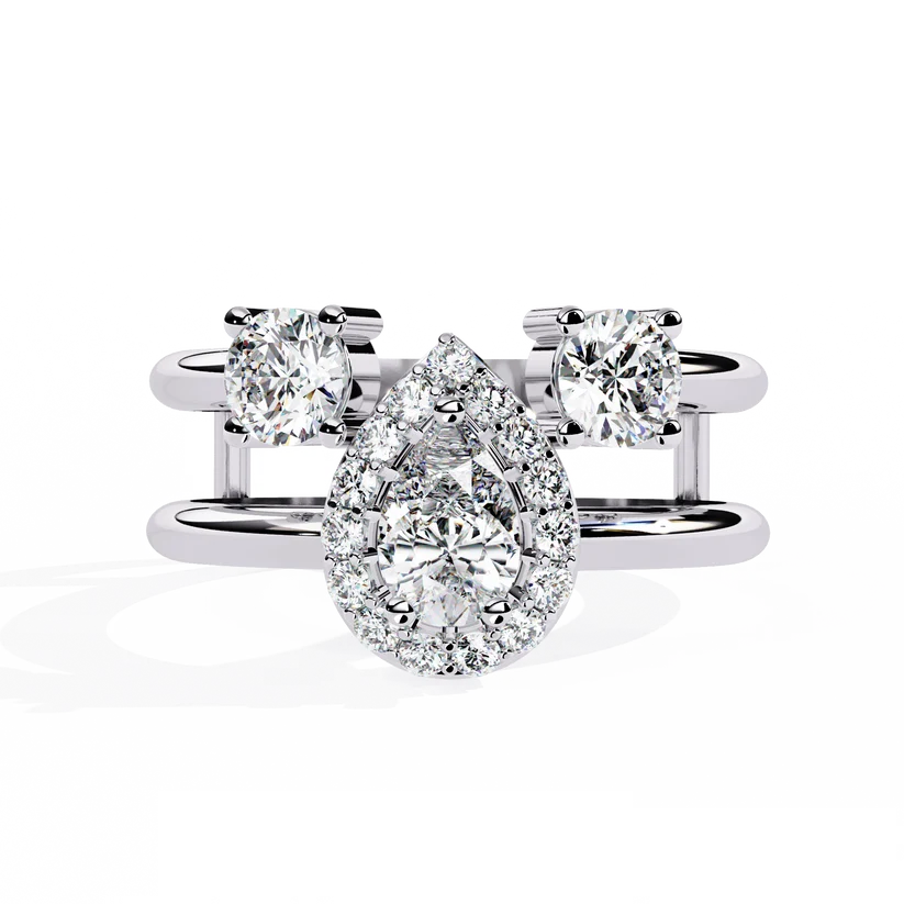 Luxury Pear Halo Diamond Three-Stone Gold Ring – Split Double Band Statement Engagement Ring