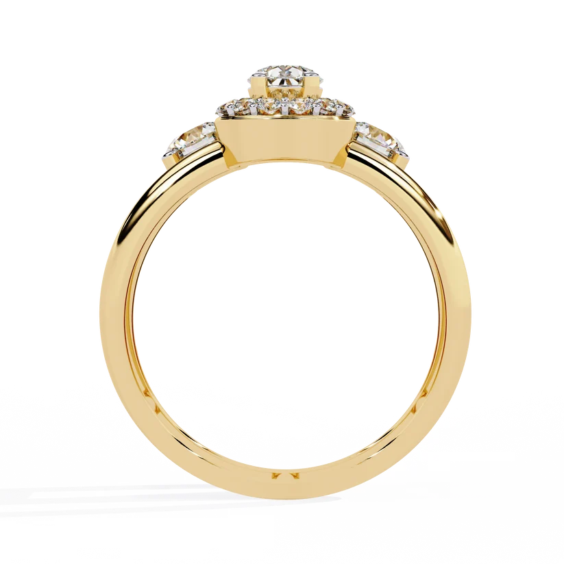 Luxury Pear Halo Diamond Three-Stone Gold Ring – Split Double Band Statement Engagement Ring