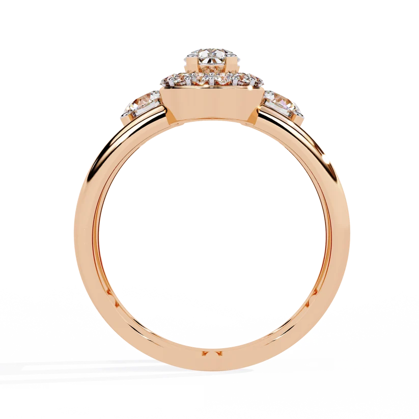 Luxury Pear Halo Diamond Three-Stone Gold Ring – Split Double Band Statement Engagement Ring