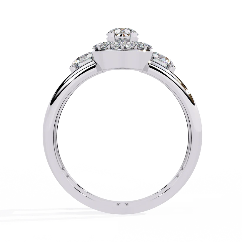 Luxury Pear Halo Diamond Three-Stone Gold Ring – Split Double Band Statement Engagement Ring