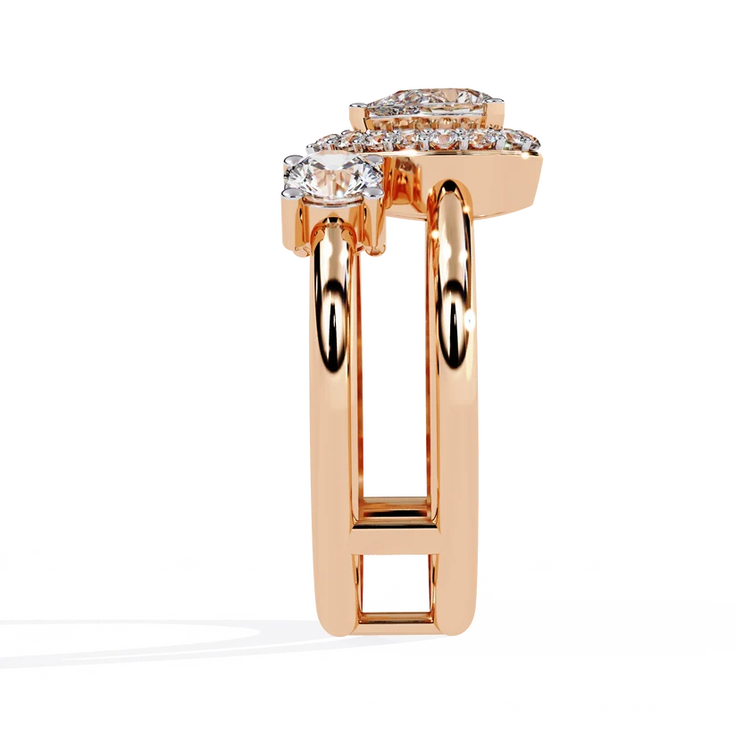 Luxury Pear Halo Diamond Three-Stone Gold Ring – Split Double Band Statement Engagement Ring