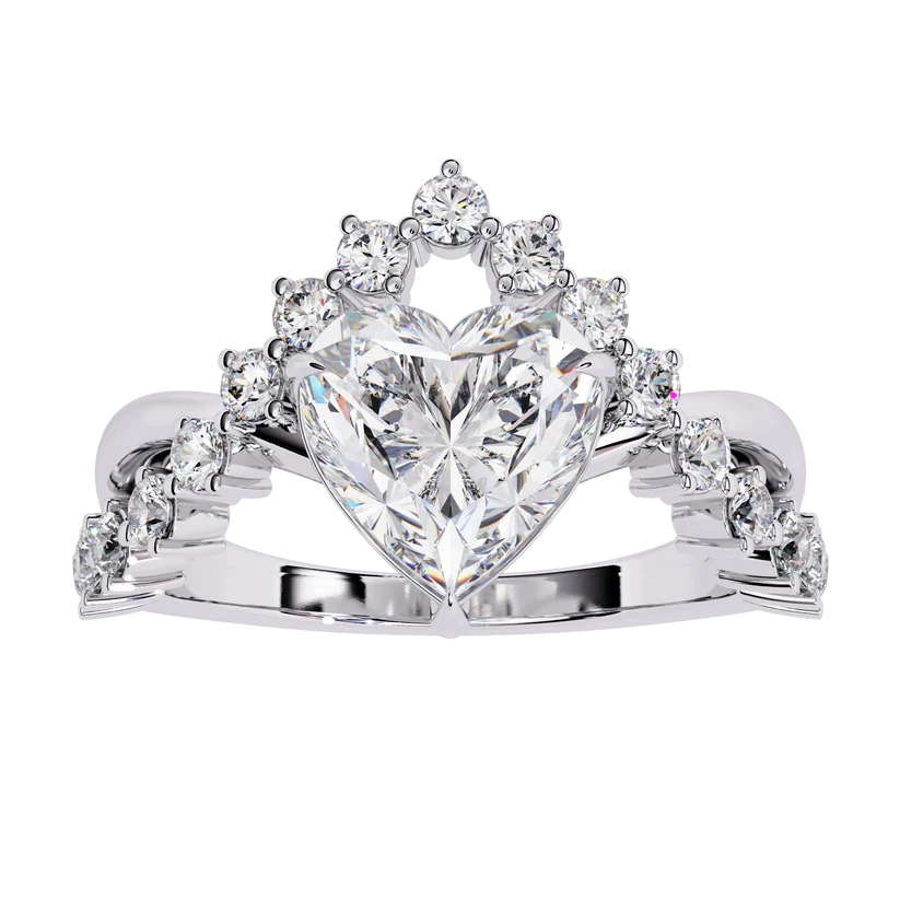 Heart Cut Diamond Halo Gold Engagement Ring with Floral Side Accent | Romantic Bridal Promise Ring